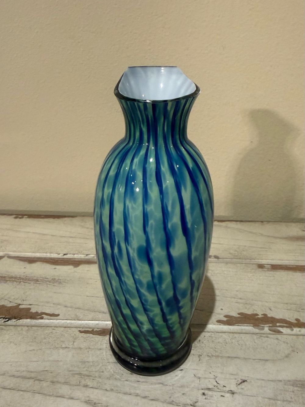 Vintage Blue & Green Art Glass Vase Slanted Rim Swirl Ribbed Decor 6.5"